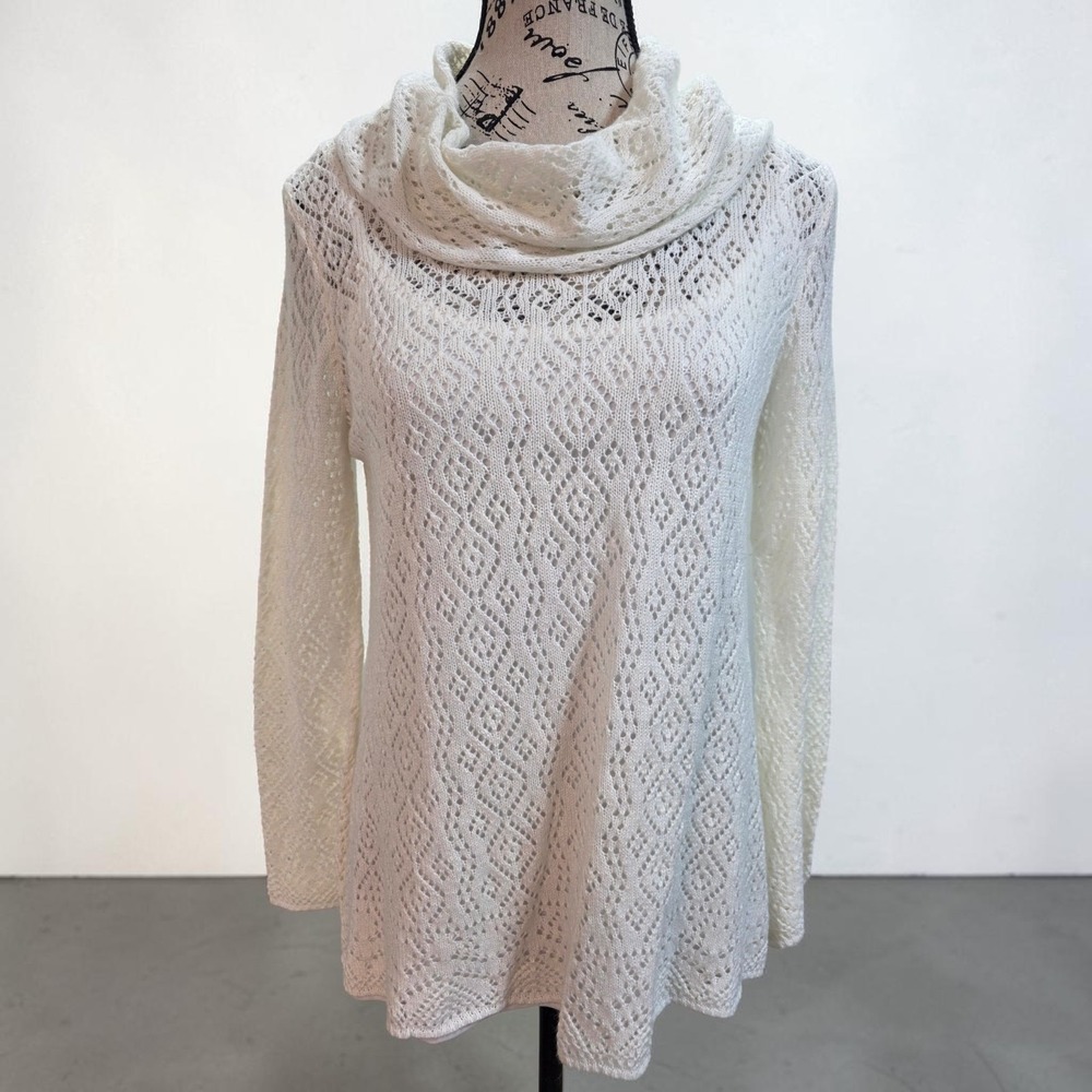 Emaline M Petite Ivory Diamond Pointelle Cowl Neck Sweater Cottagecore